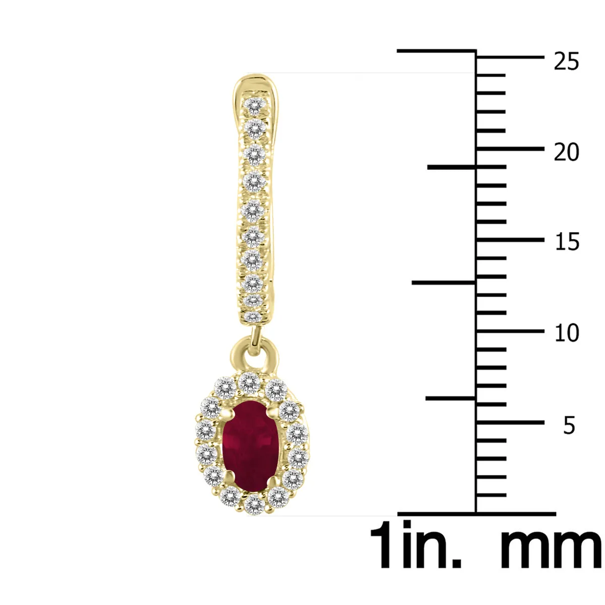 1/2 Carat Oval Ruby And Diamond Halo Dangle Earrings In 10K Yellow Gold