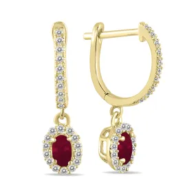 1/2 Carat Oval Ruby And Diamond Halo Dangle Earrings In 10K Yellow Gold