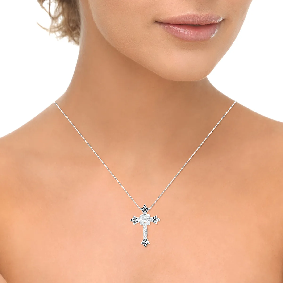 1/4 Carat Tw Diamond Cross Pendant With Black Rhodium In .925 Sterling Silver