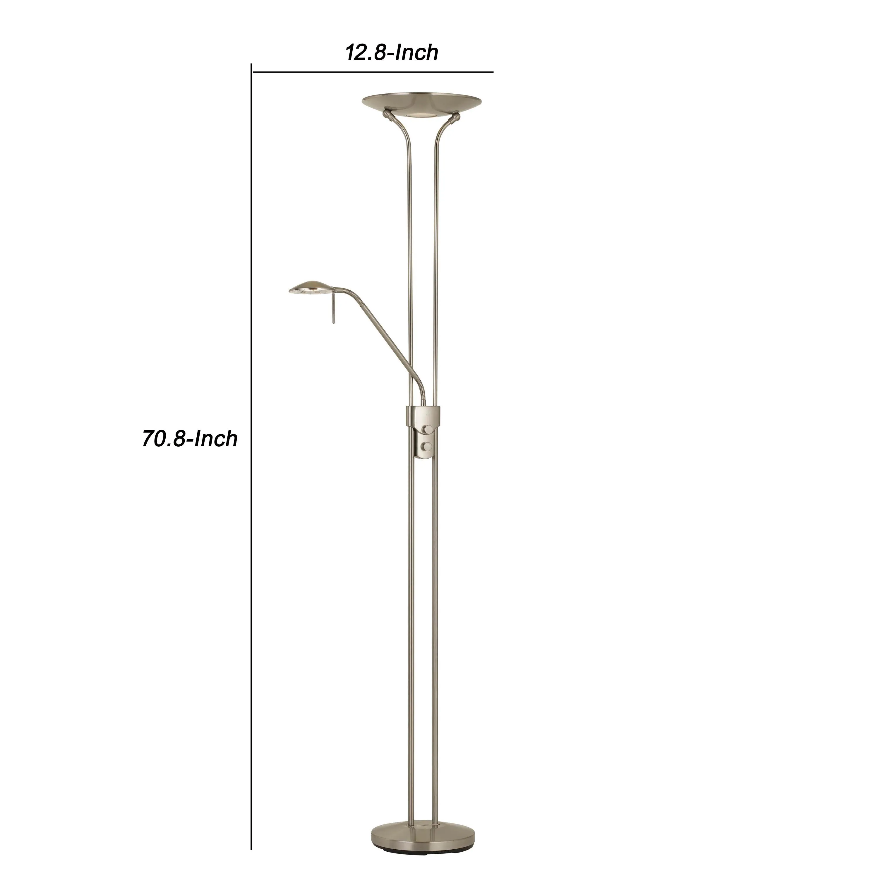 2 Metal Heads Torchiere Floor Lamp With Dimmer Control, Chrome By Benzara