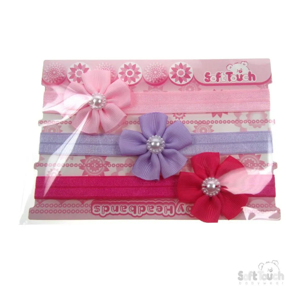 3 PACK GIRLS HEADBANDS W/FLOWER & PEARL: HB49