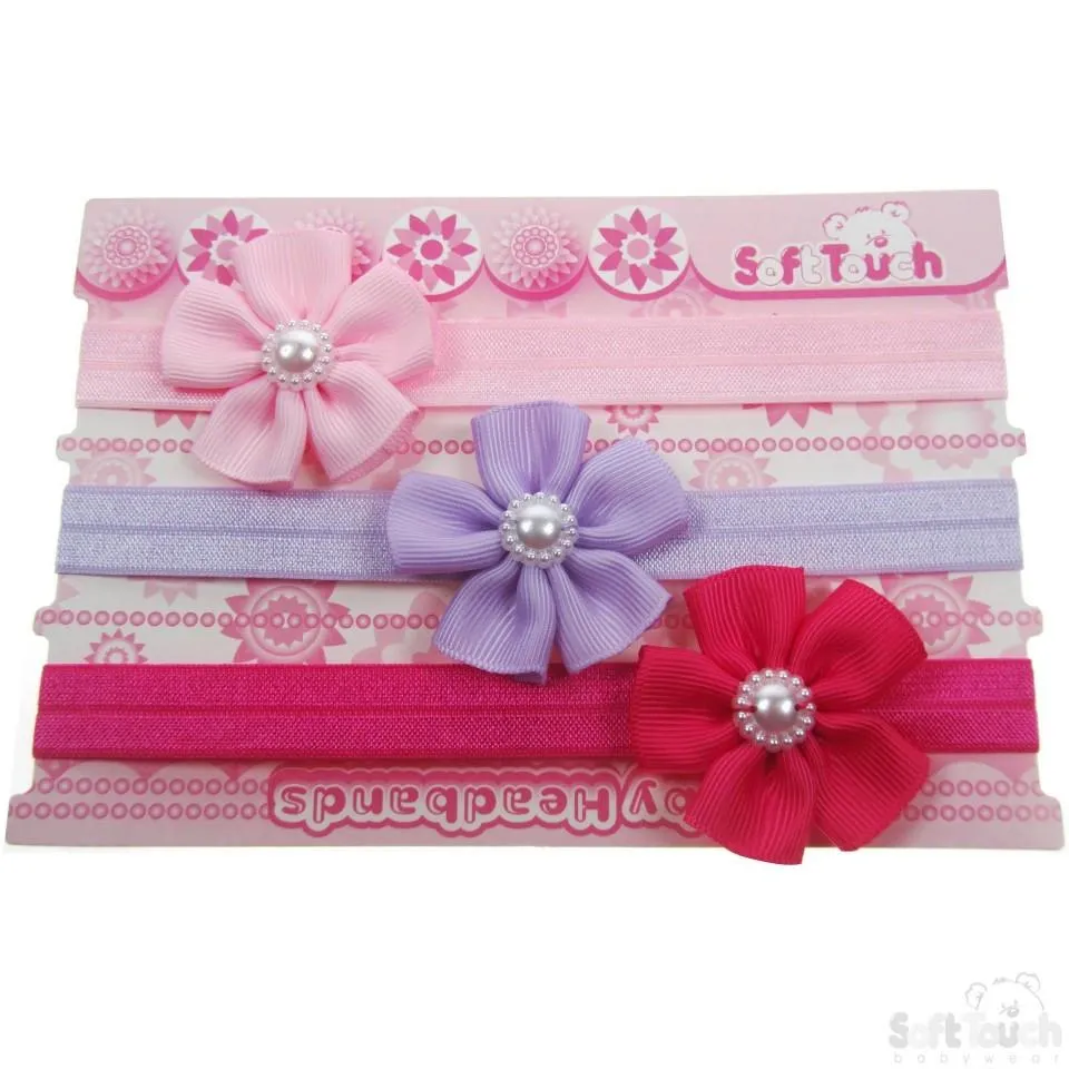 3 PACK GIRLS HEADBANDS W/FLOWER & PEARL: HB49