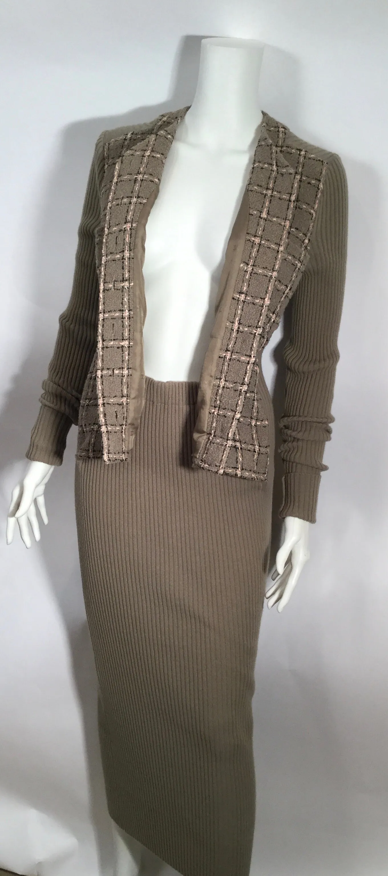 95A, 1995 Fall Rare Vintage Chanel knit dress attached tweed Boucle jacket FR 40 US 4