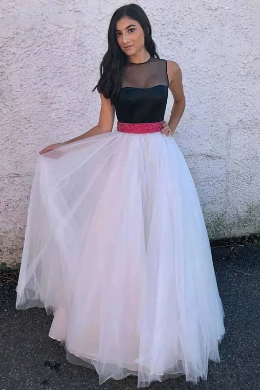 A Line Ivory Tulle Prom Black Top Floor Length Formal Dress with Beading Waist