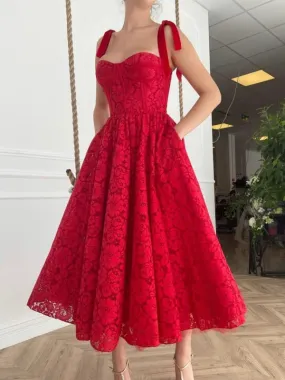 A Line Red Lace Tea Length Prom with Pocket, Red Lace Formal Evening