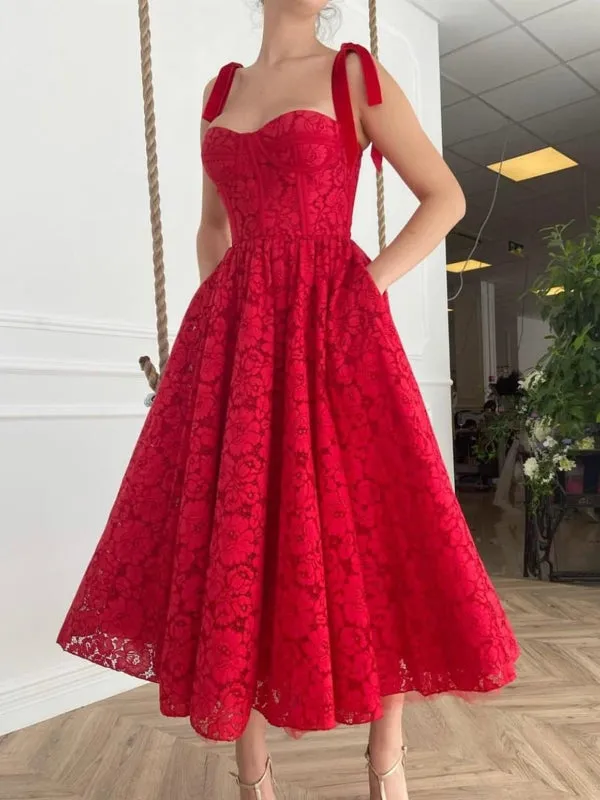 A Line Red Lace Tea Length Prom with Pocket, Red Lace Formal Evening