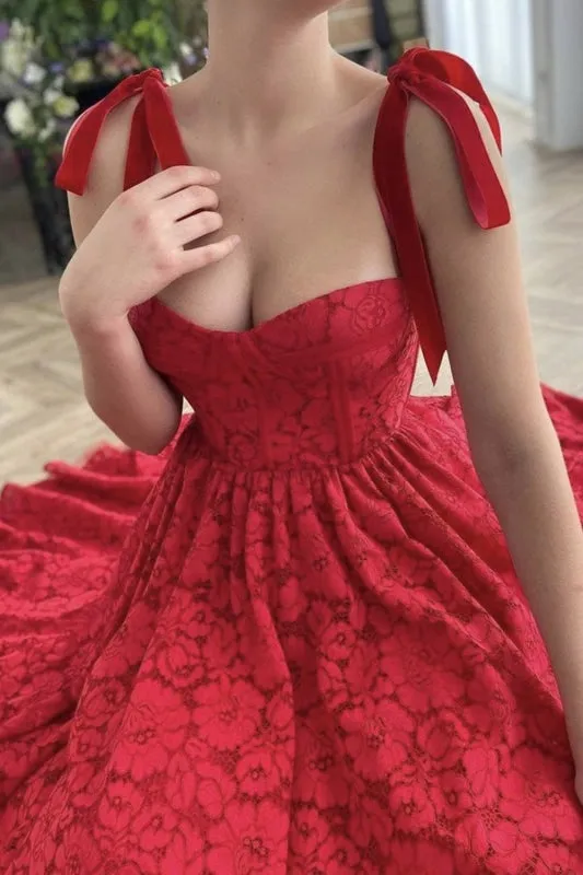 A Line Red Lace Tea Length Prom with Pocket, Red Lace Formal Evening