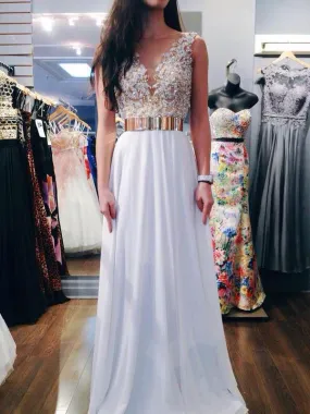 A Line Round Neck White Chiffon Prom Dress, Wedding Dress, Lace Formal Dresses