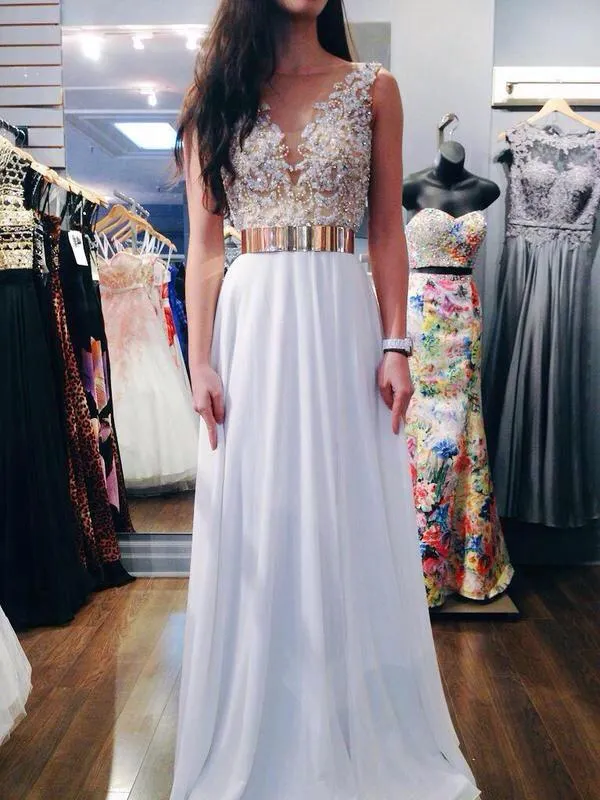 A Line Round Neck White Chiffon Prom Dress, Wedding Dress, Lace Formal Dresses