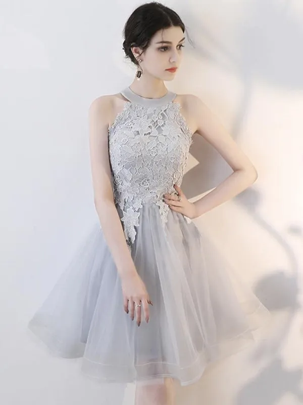 A Line Short Gray Lace Prom with Appliques, Gray Lace Formal Graduation Homecoming