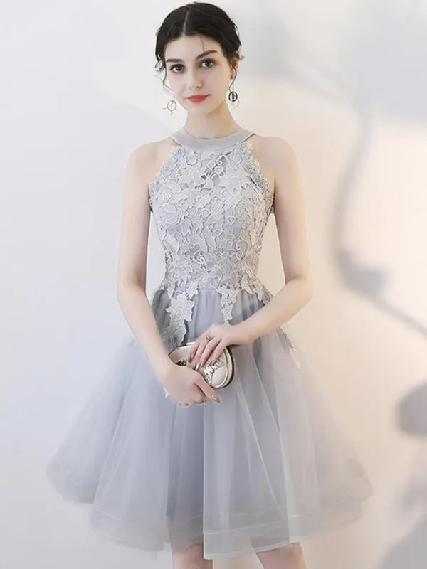 A Line Short Gray Lace Prom with Appliques, Gray Lace Formal Graduation Homecoming