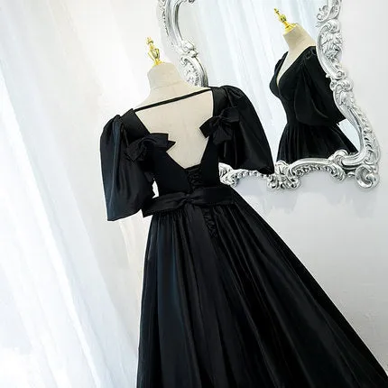 A line Short Sleeves V neckline Long Black Prom Dresses SH052