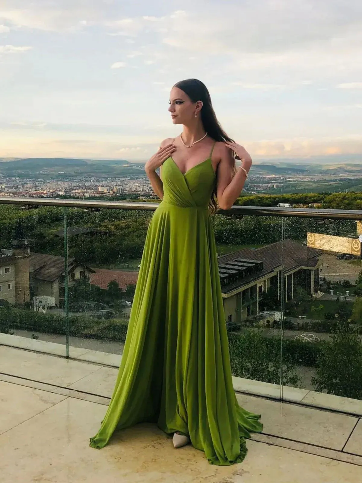 A Line V Neck Simple Green Chiffon Long Prom Dresses, Green Evening Dresses