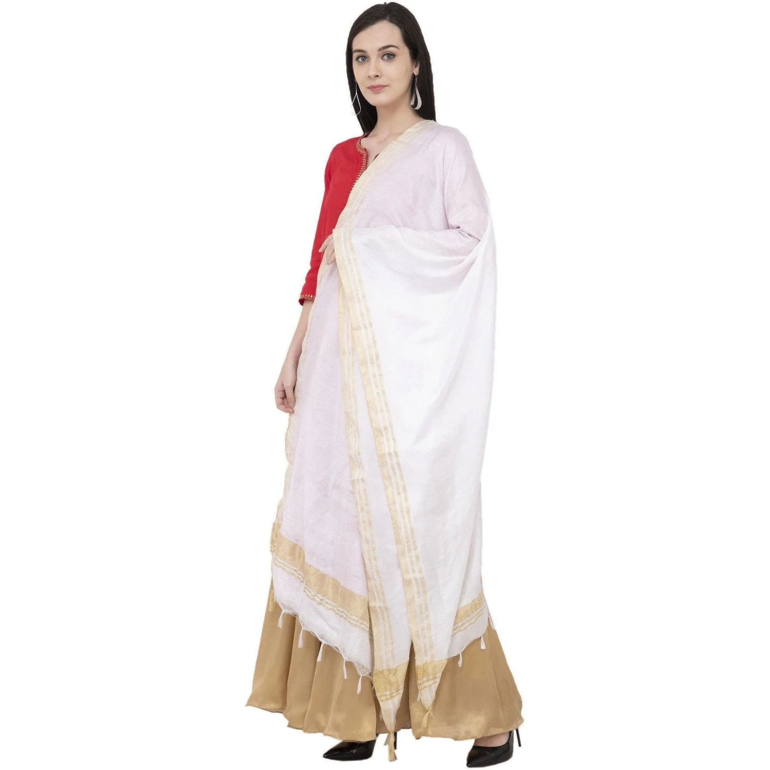 A R Silk Golden Border Regular Dupatta Color White Dupatta or Chunni