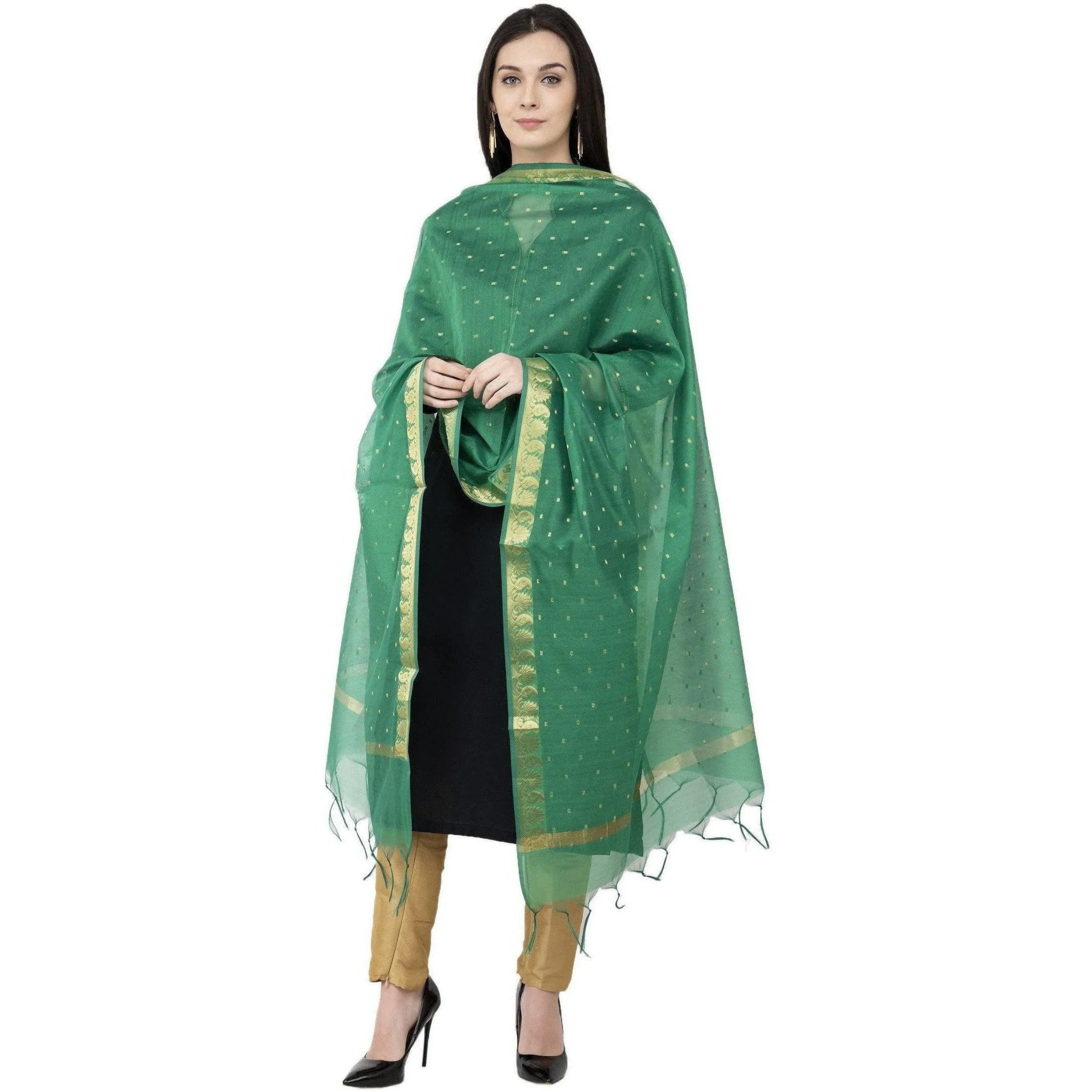 A R Silk VNS Border Buti Fancy Dupatta Green Color Dupatta or Chunni