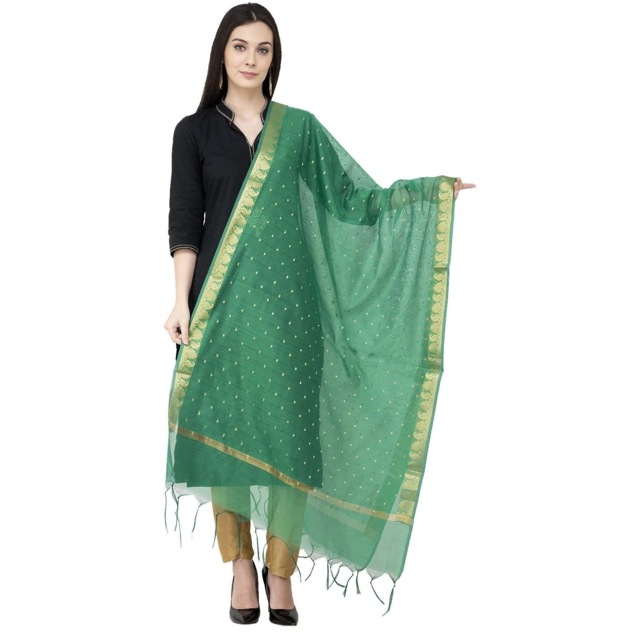 A R Silk VNS Border Buti Fancy Dupatta Green Color Dupatta or Chunni