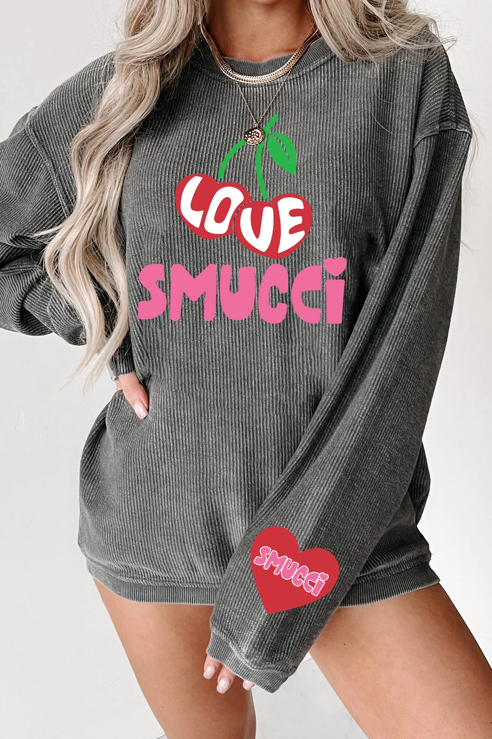 A Smucci Kind Of Love Corded Graphic Crewneck (Charcoal) - Print On Demand