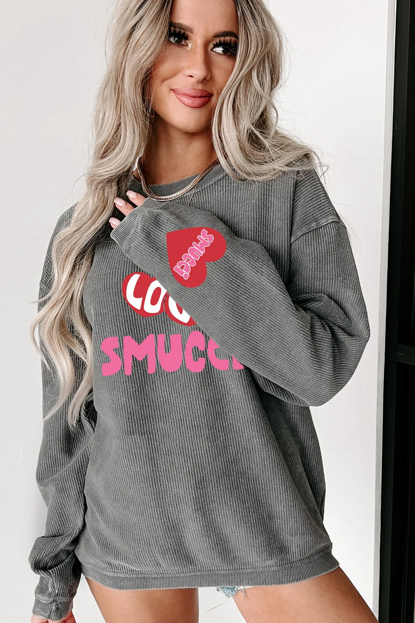 A Smucci Kind Of Love Corded Graphic Crewneck (Charcoal) - Print On Demand