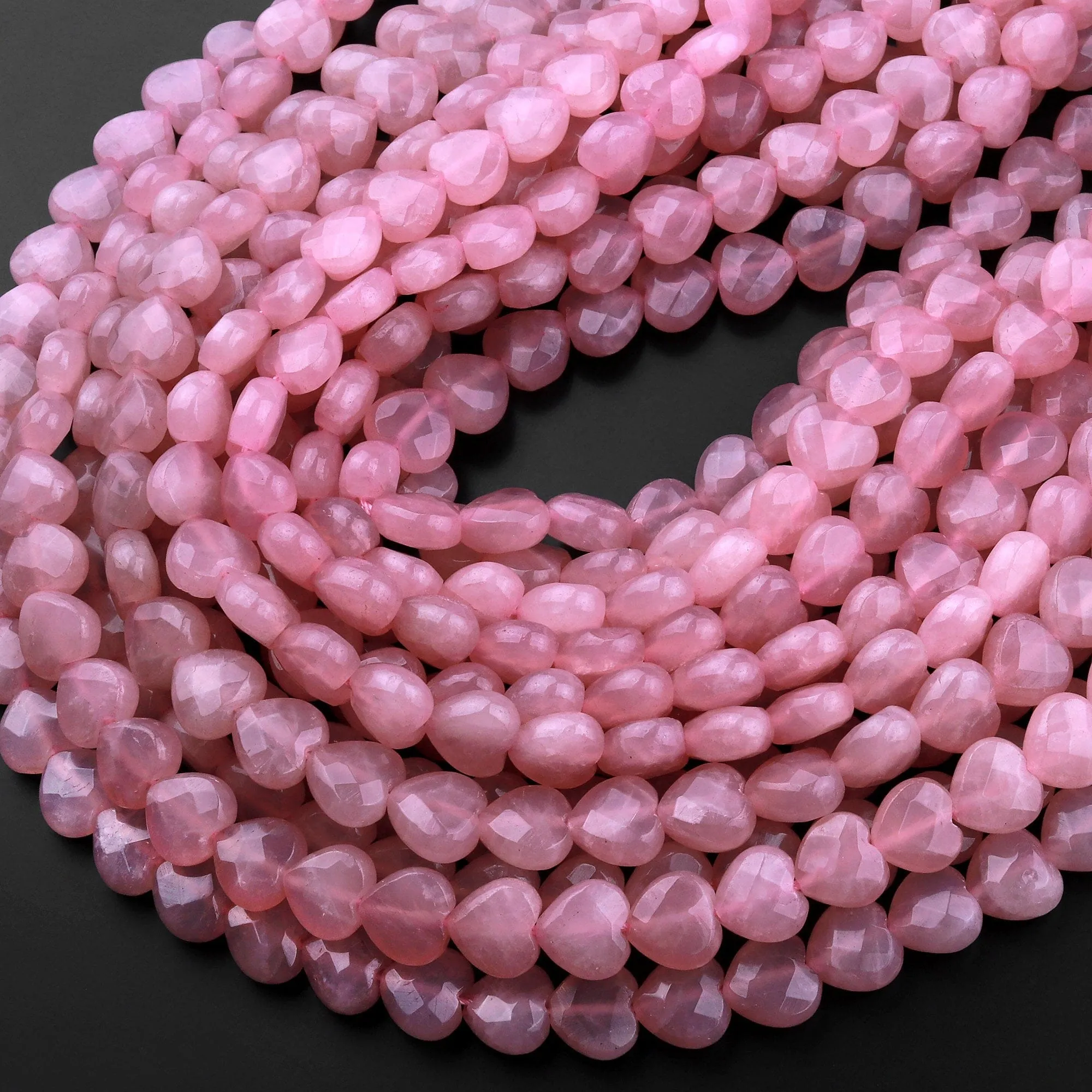 AAA Faceted Natural Mauve Pink Rose Quartz Beads Gemstone Heart From Madagascar 15.5" Strand