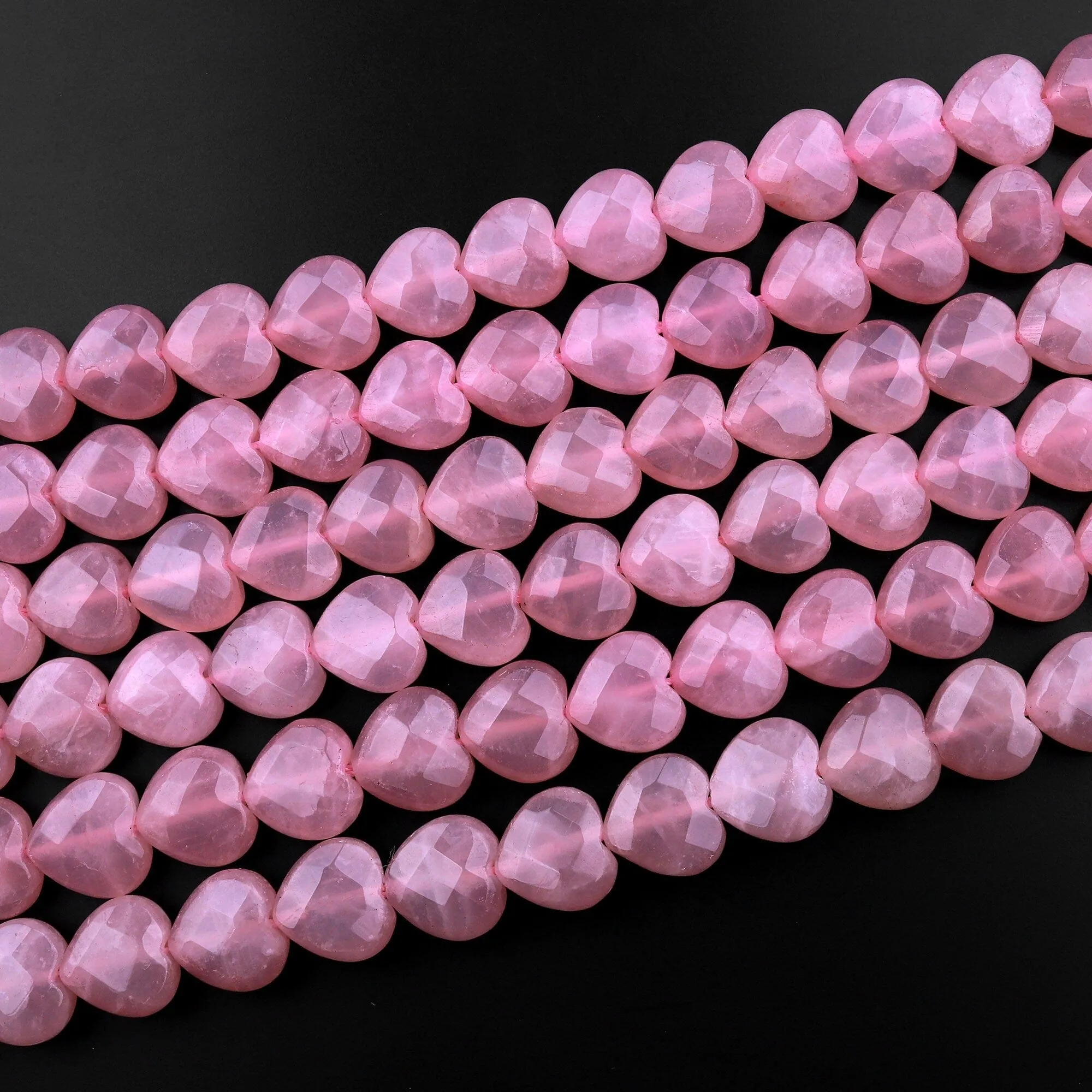 AAA Faceted Natural Mauve Pink Rose Quartz Beads Gemstone Heart From Madagascar 15.5" Strand