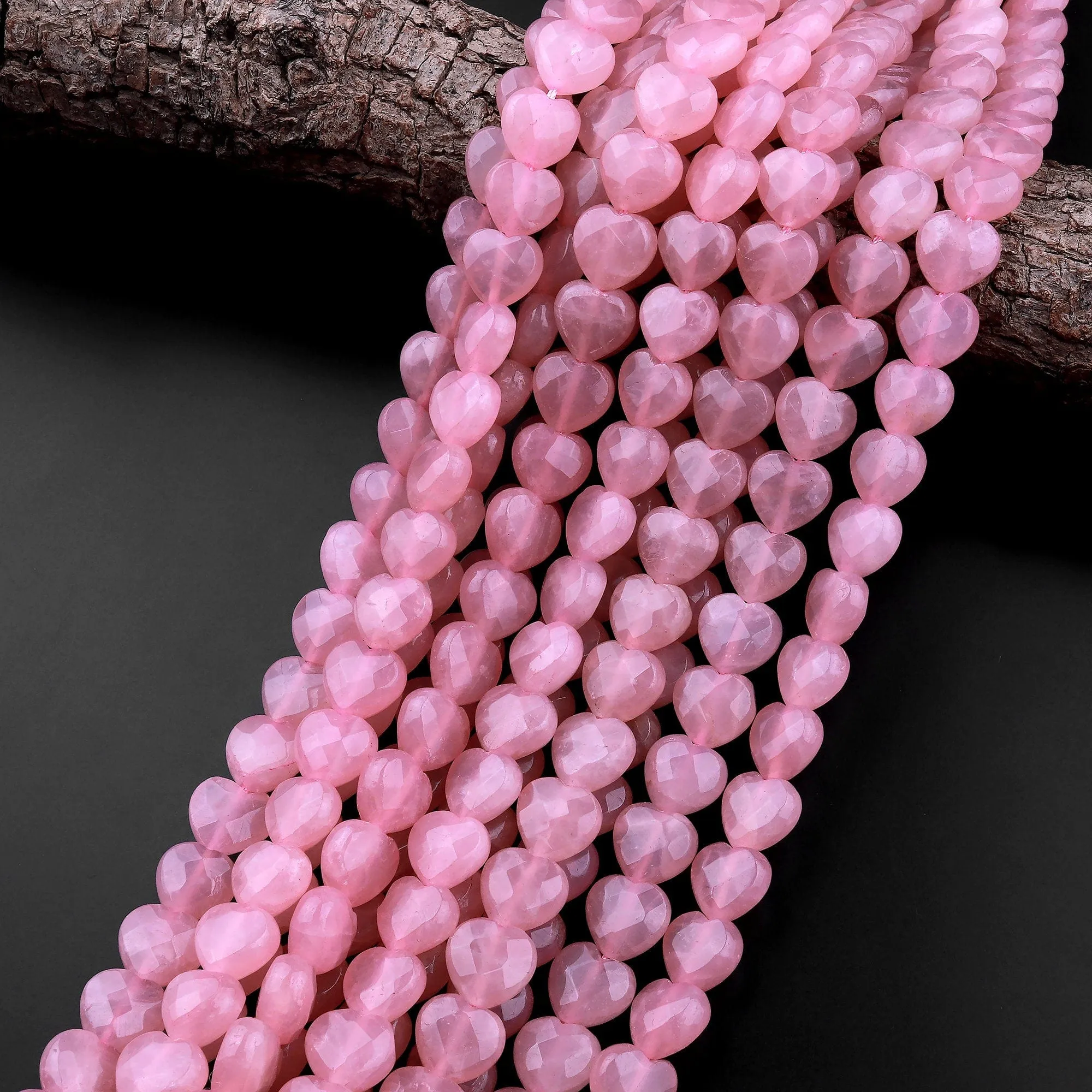 AAA Faceted Natural Mauve Pink Rose Quartz Beads Gemstone Heart From Madagascar 15.5" Strand