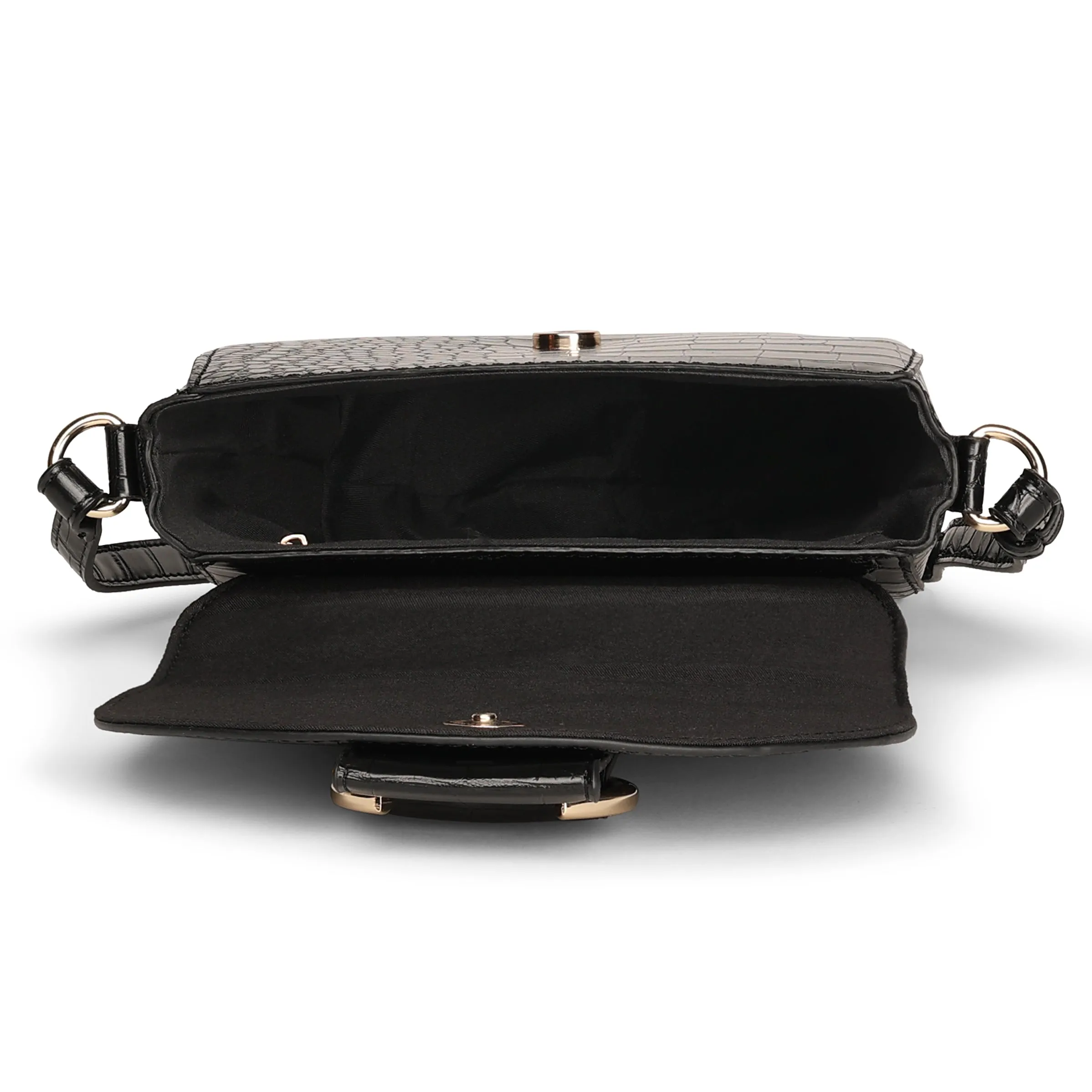 Accessorize London Women's Black Faux Croc Ring Detail Saddle Bag