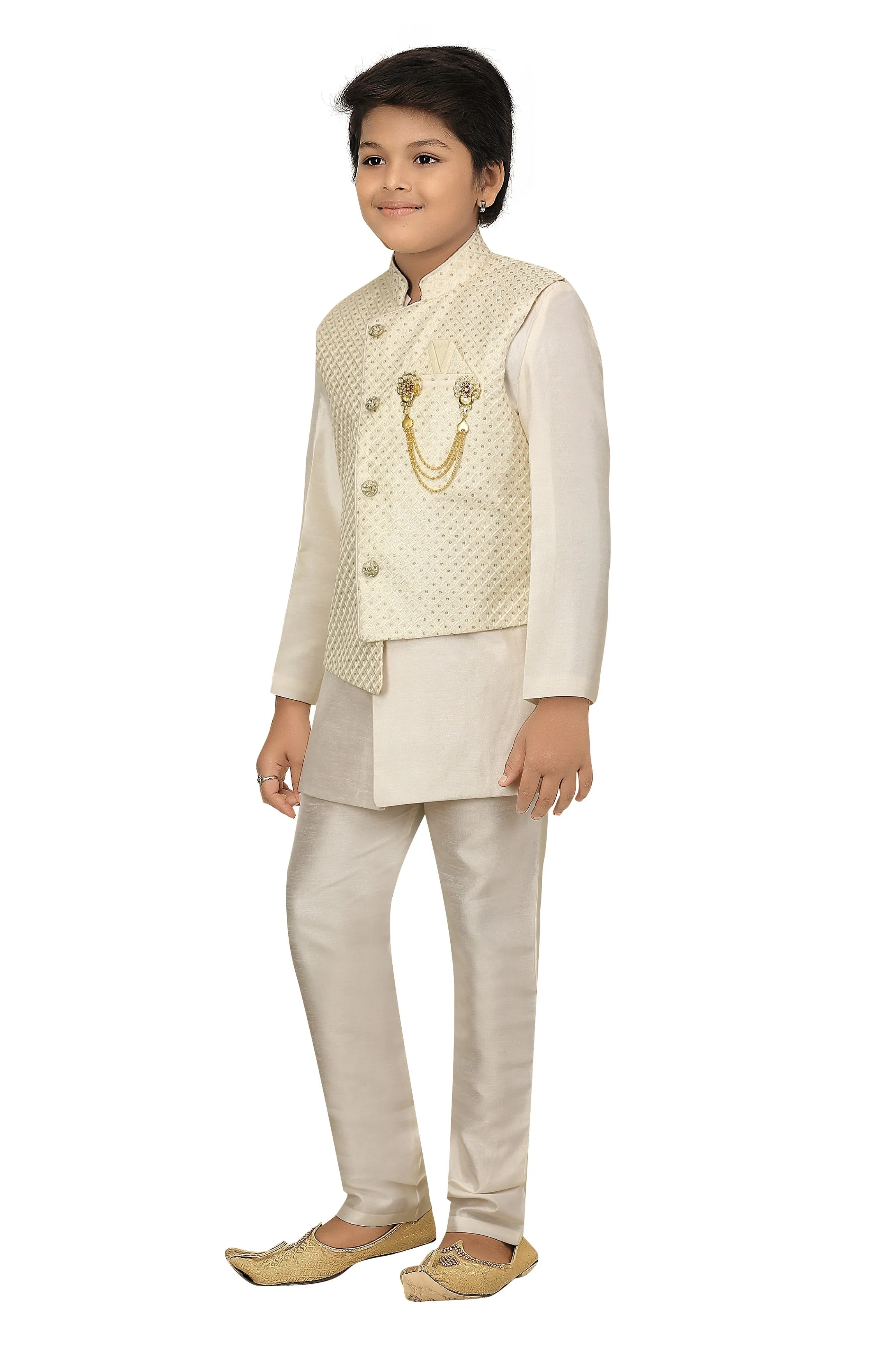 Ahhaaaa Kids Ethnic Cotton Silk Blend Nehru Modi Jacket Kurta & Pyjama Set for Boys