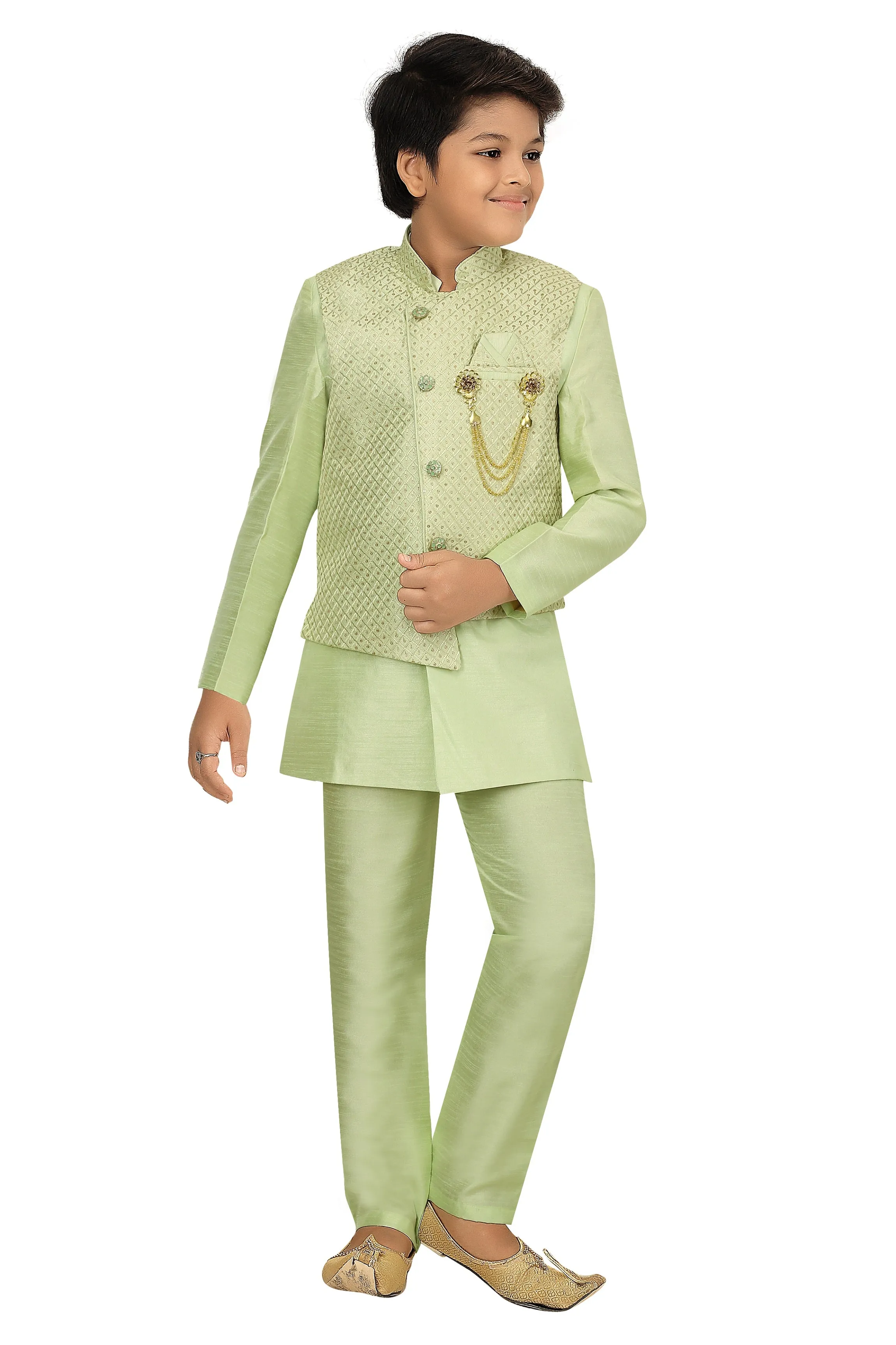 Ahhaaaa Kids Ethnic Cotton Silk Blend Nehru Modi Jacket Kurta & Pyjama Set for Boys