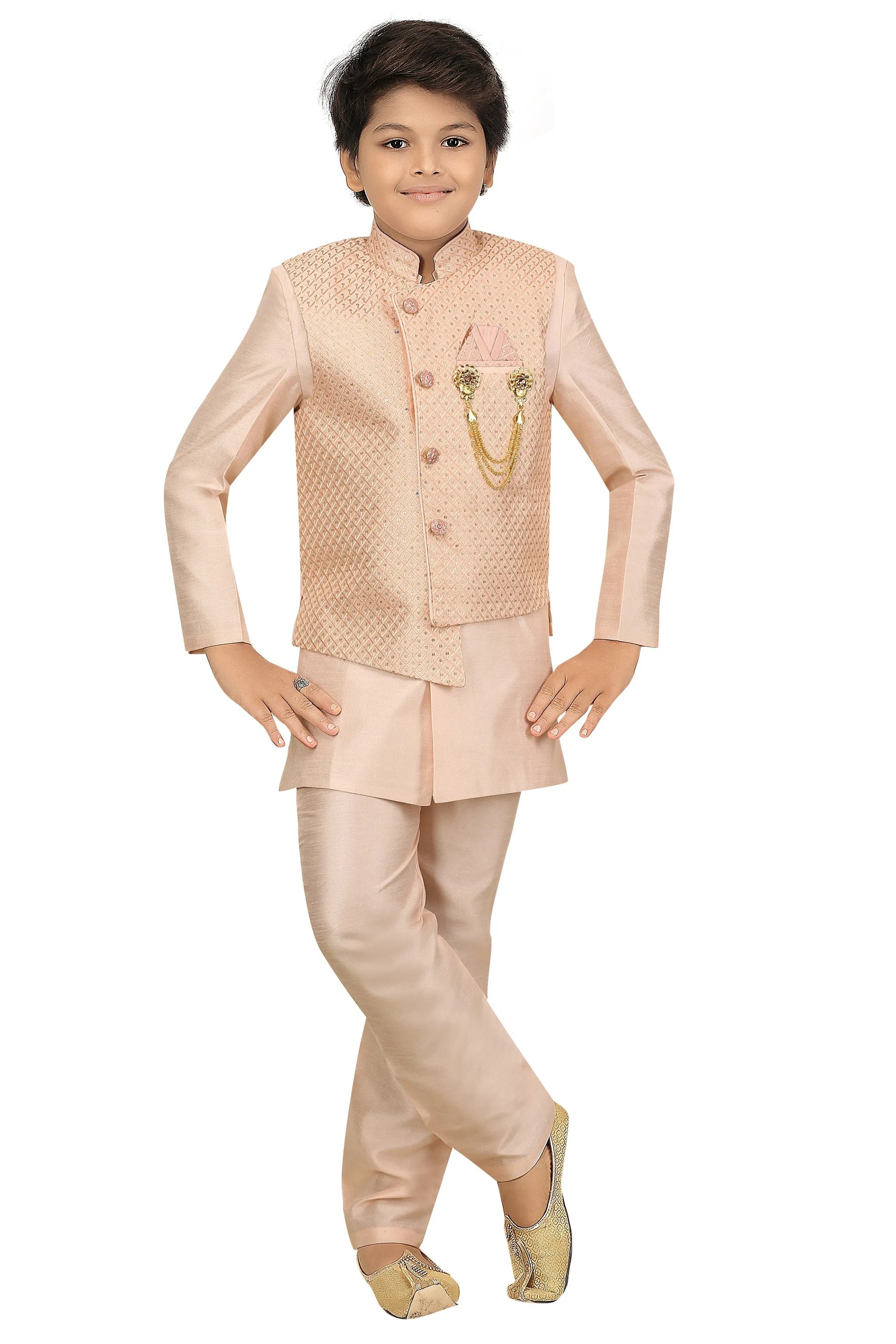 Ahhaaaa Kids Ethnic Cotton Silk Blend Nehru Modi Jacket Kurta & Pyjama Set for Boys