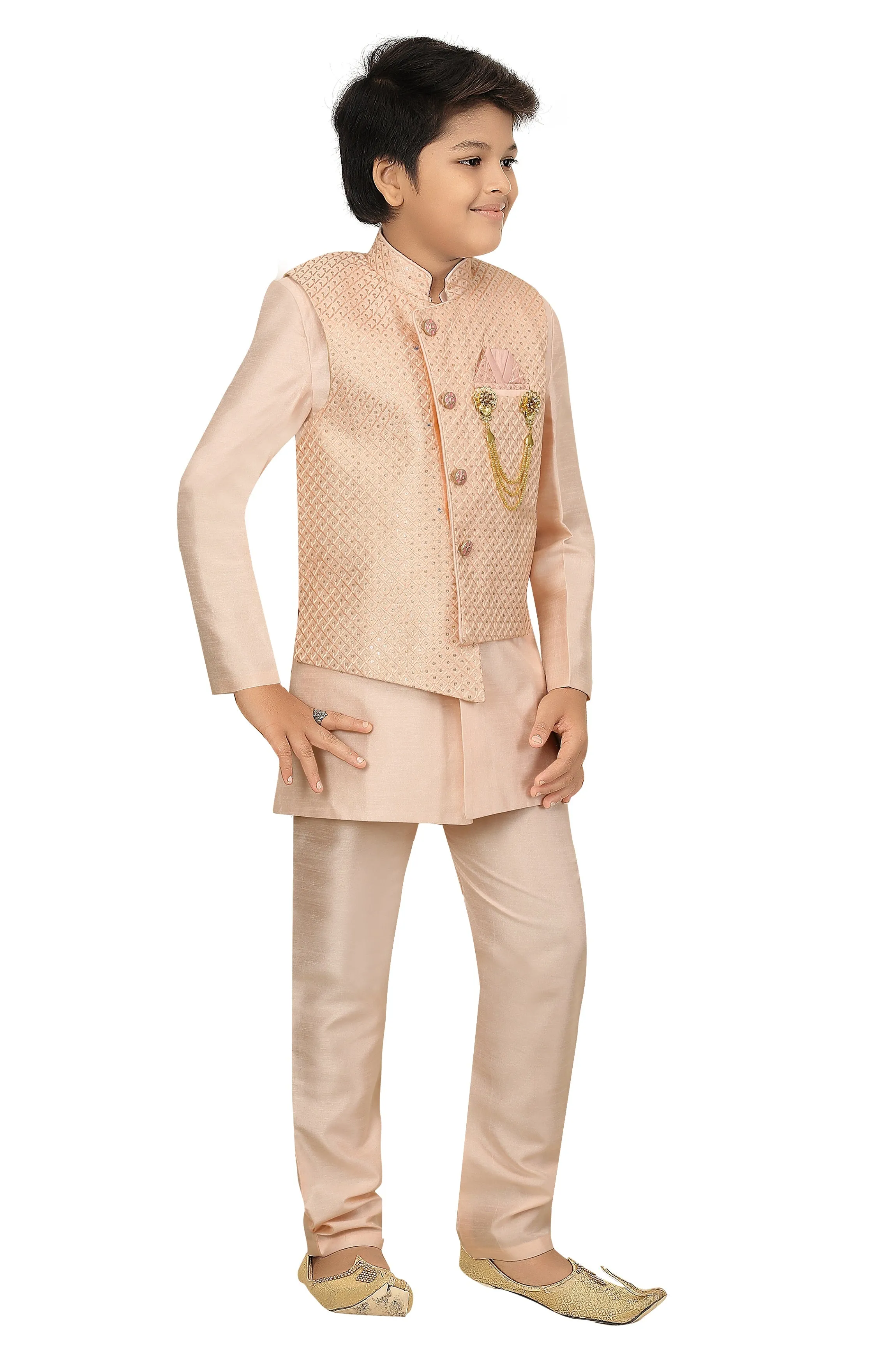 Ahhaaaa Kids Ethnic Cotton Silk Blend Nehru Modi Jacket Kurta & Pyjama Set for Boys