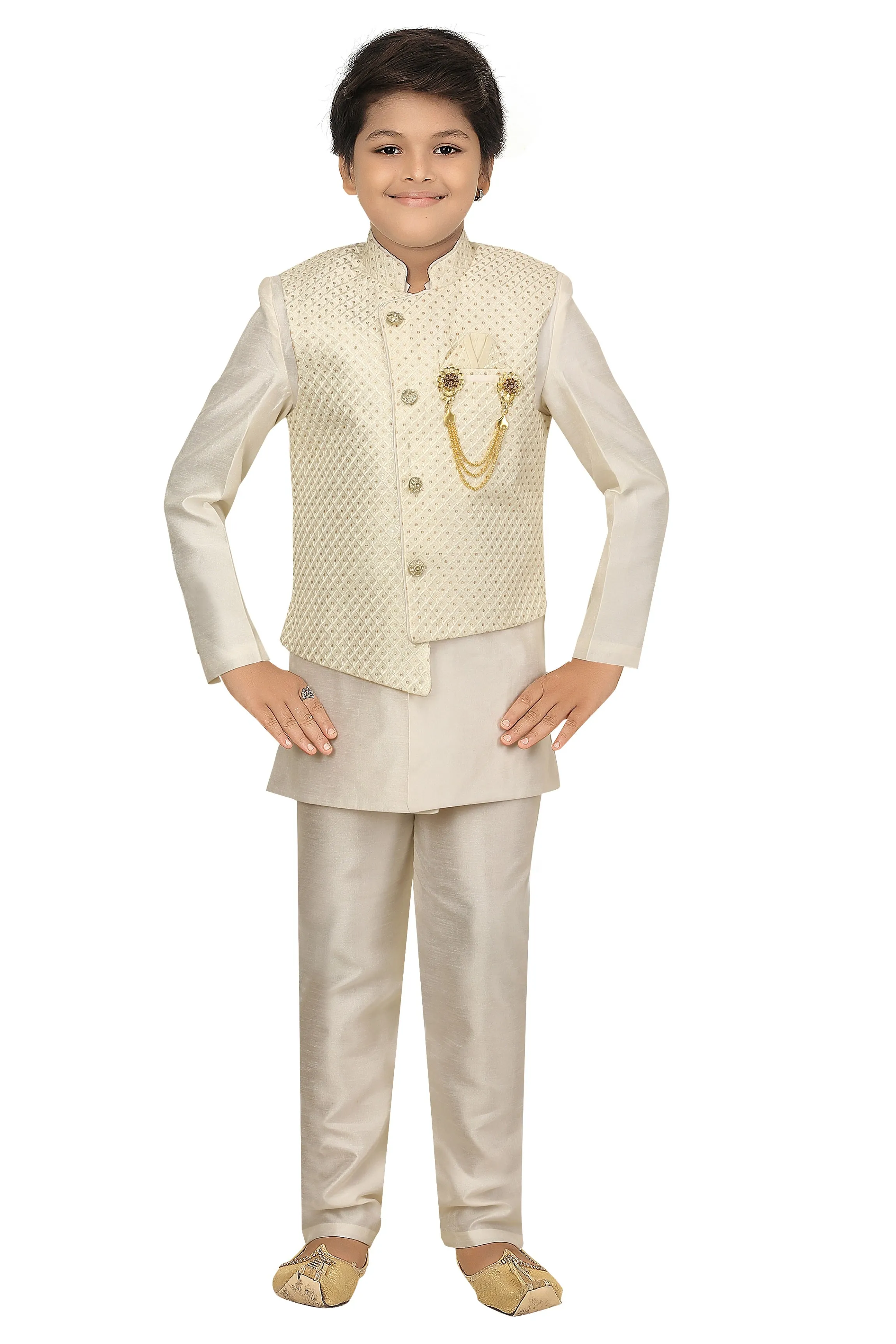 Ahhaaaa Kids Ethnic Cotton Silk Blend Nehru Modi Jacket Kurta & Pyjama Set for Boys