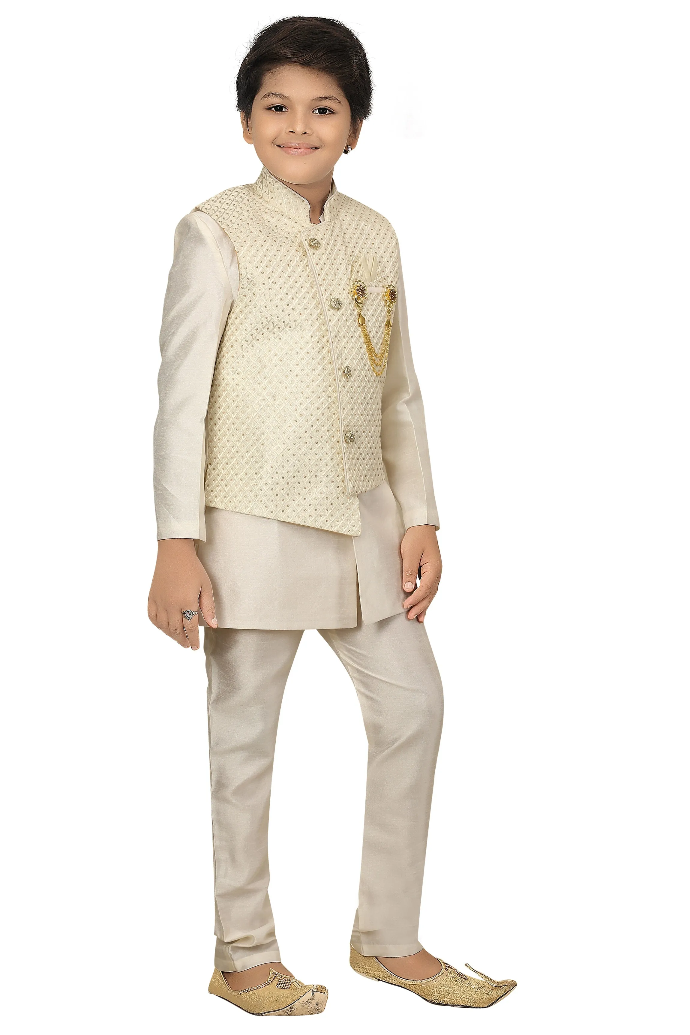 Ahhaaaa Kids Ethnic Cotton Silk Blend Nehru Modi Jacket Kurta & Pyjama Set for Boys