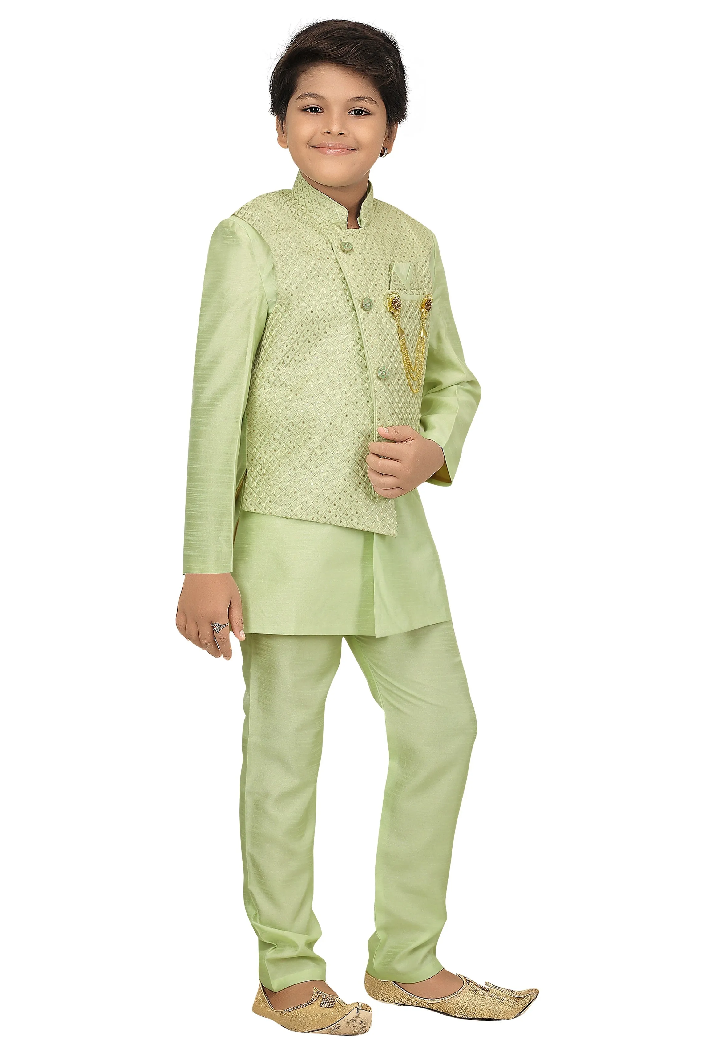 Ahhaaaa Kids Ethnic Cotton Silk Blend Nehru Modi Jacket Kurta & Pyjama Set for Boys