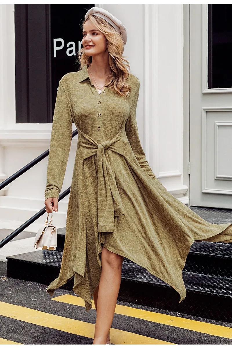 Asymmetrical A-line Shirt High Waist Sash Bow Midi Autumn Winter Office Casual Dress