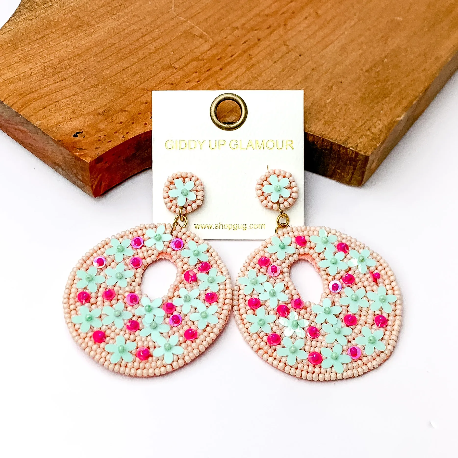 Baby Pink Beaded Circular Drop Earrings with Floral Designs