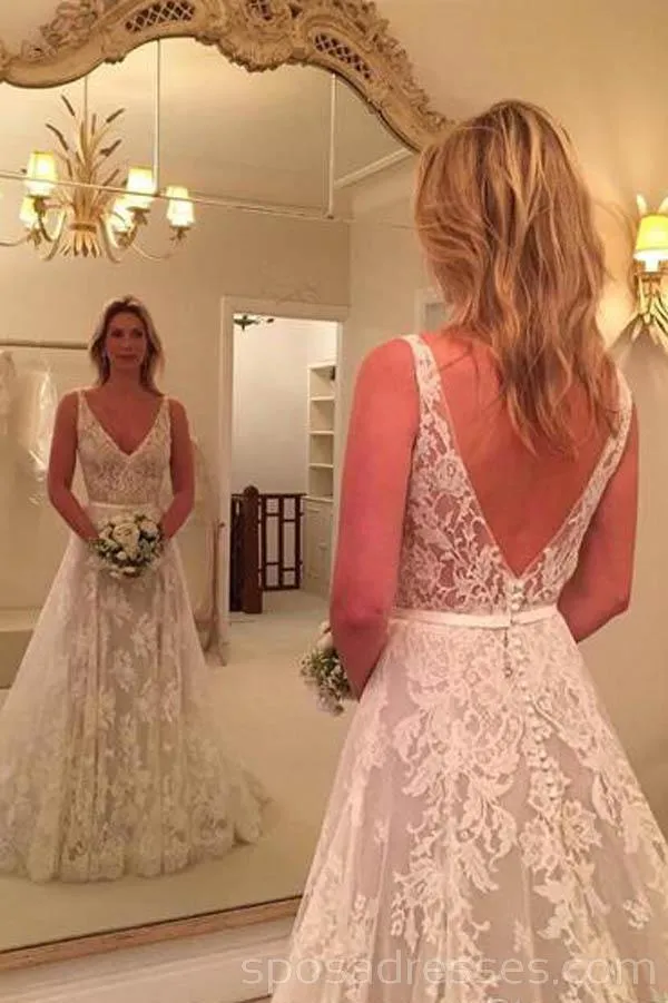 Backless V Neck A-line Lace Cheap Long Wedding Dresses Online, Cheap Bridal Dresses, WD523