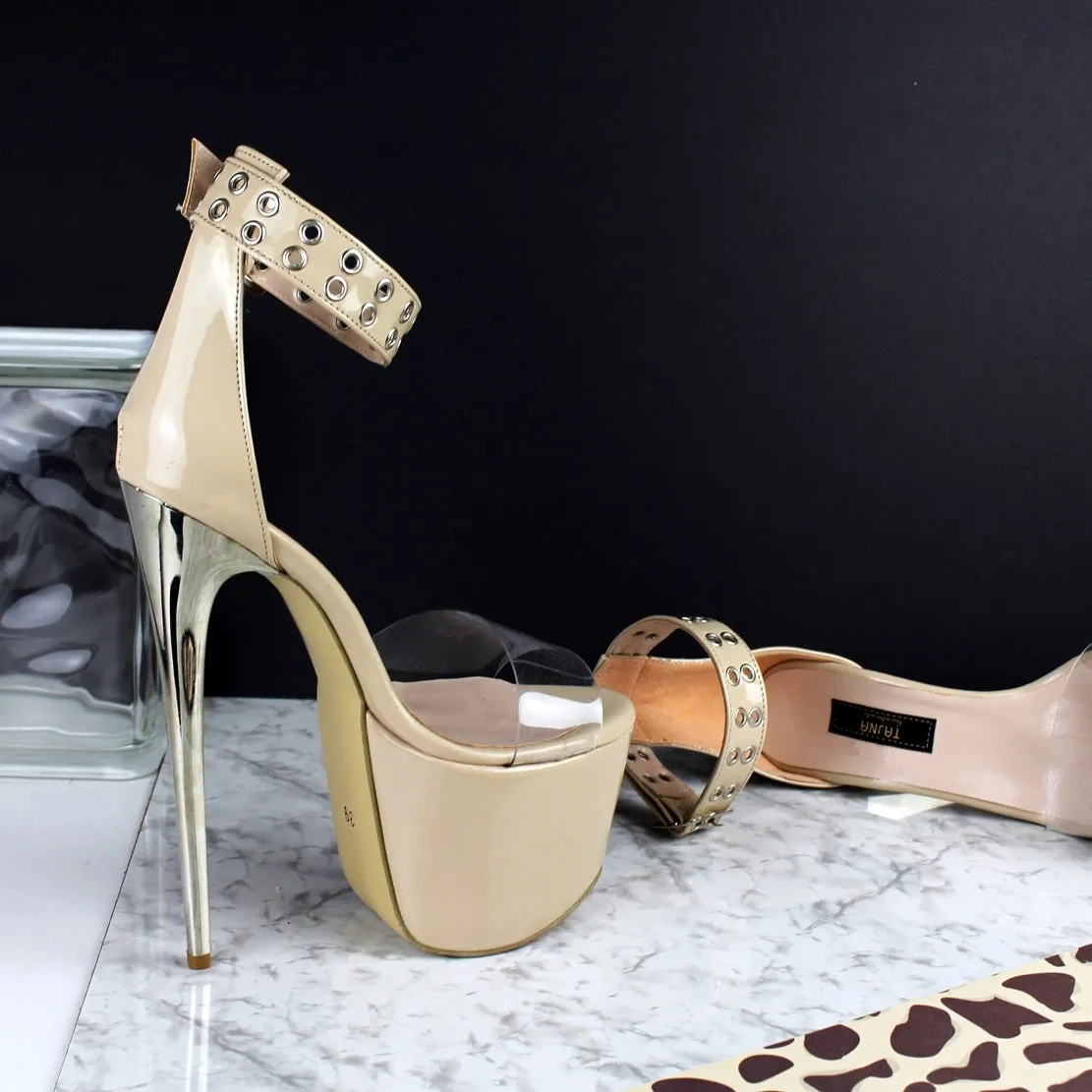 Beige Nude Gloss Transparent Strap Heels