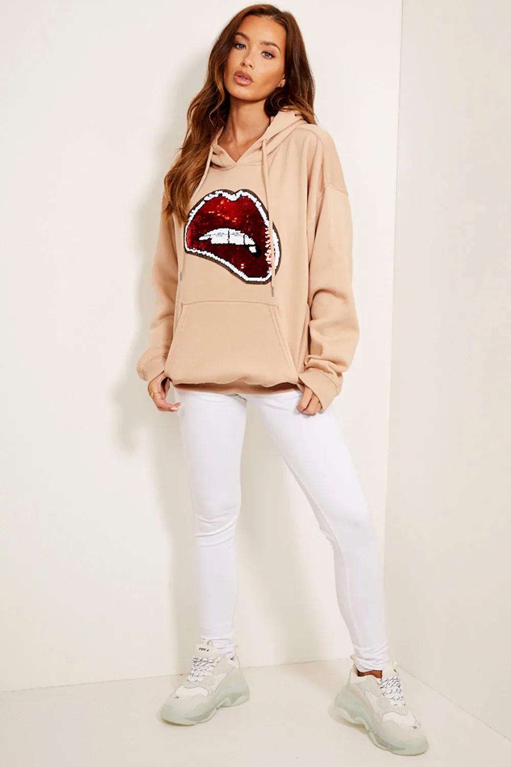 Beige Sequin Lips Hoodie