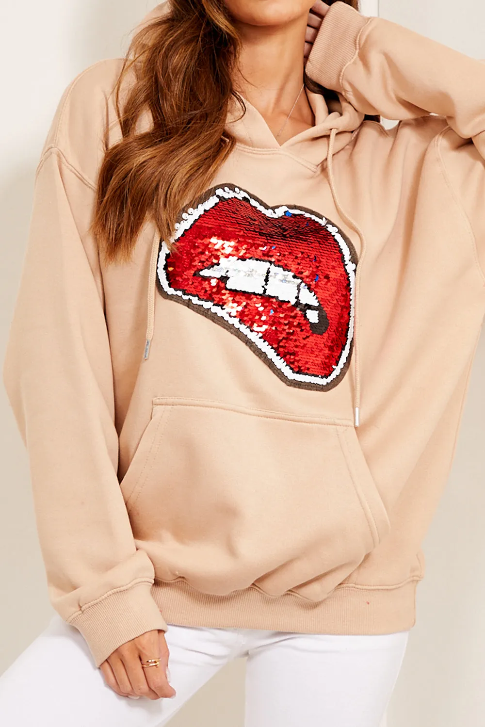 Beige Sequin Lips Hoodie