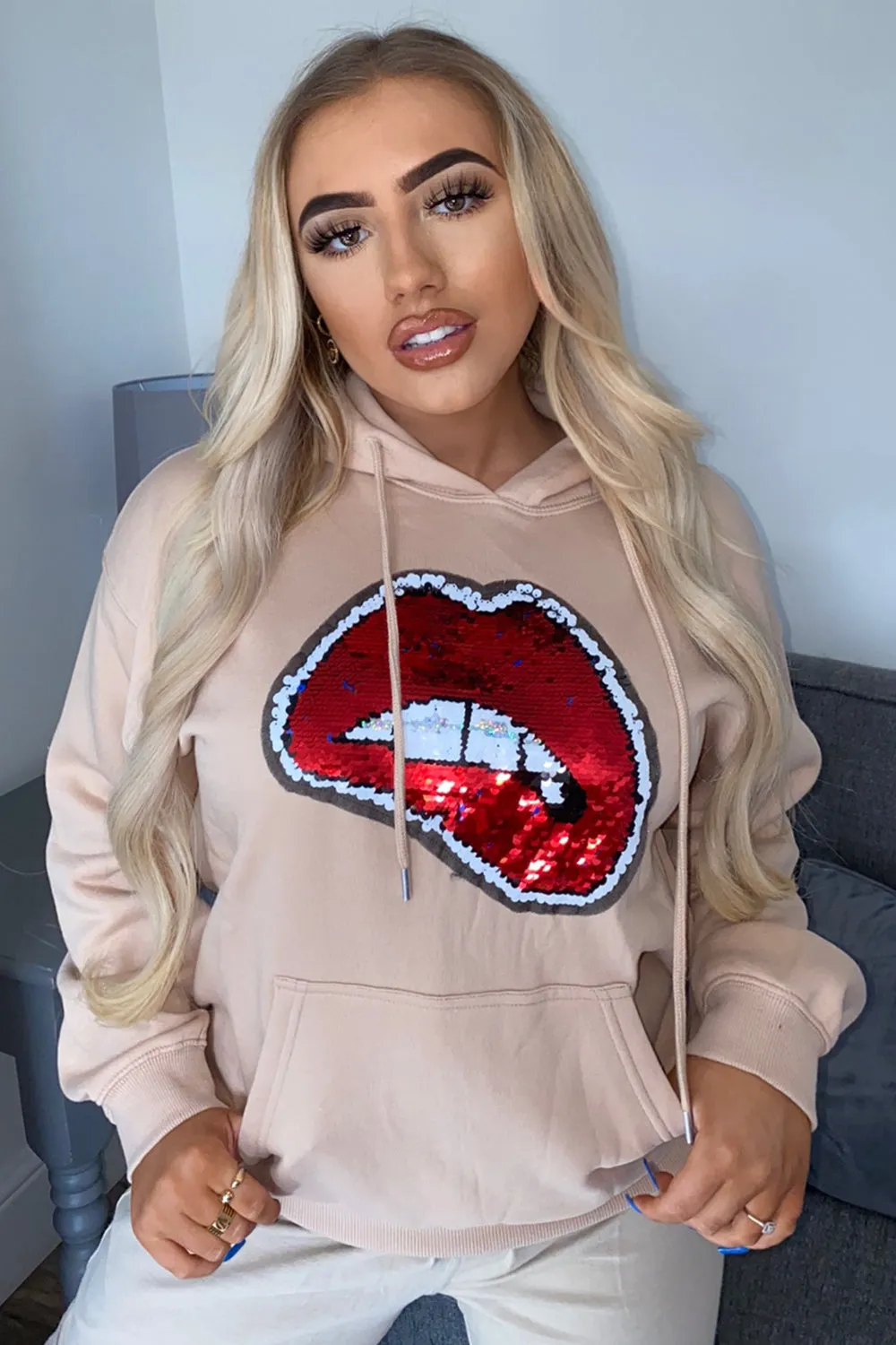 Beige Sequin Lips Hoodie