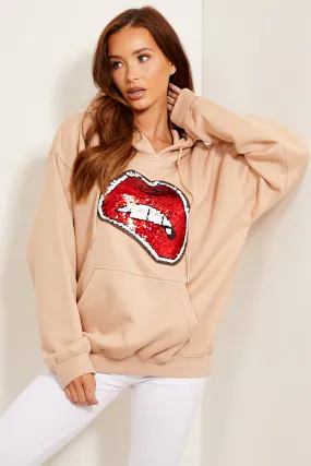 Beige Sequin Lips Hoodie