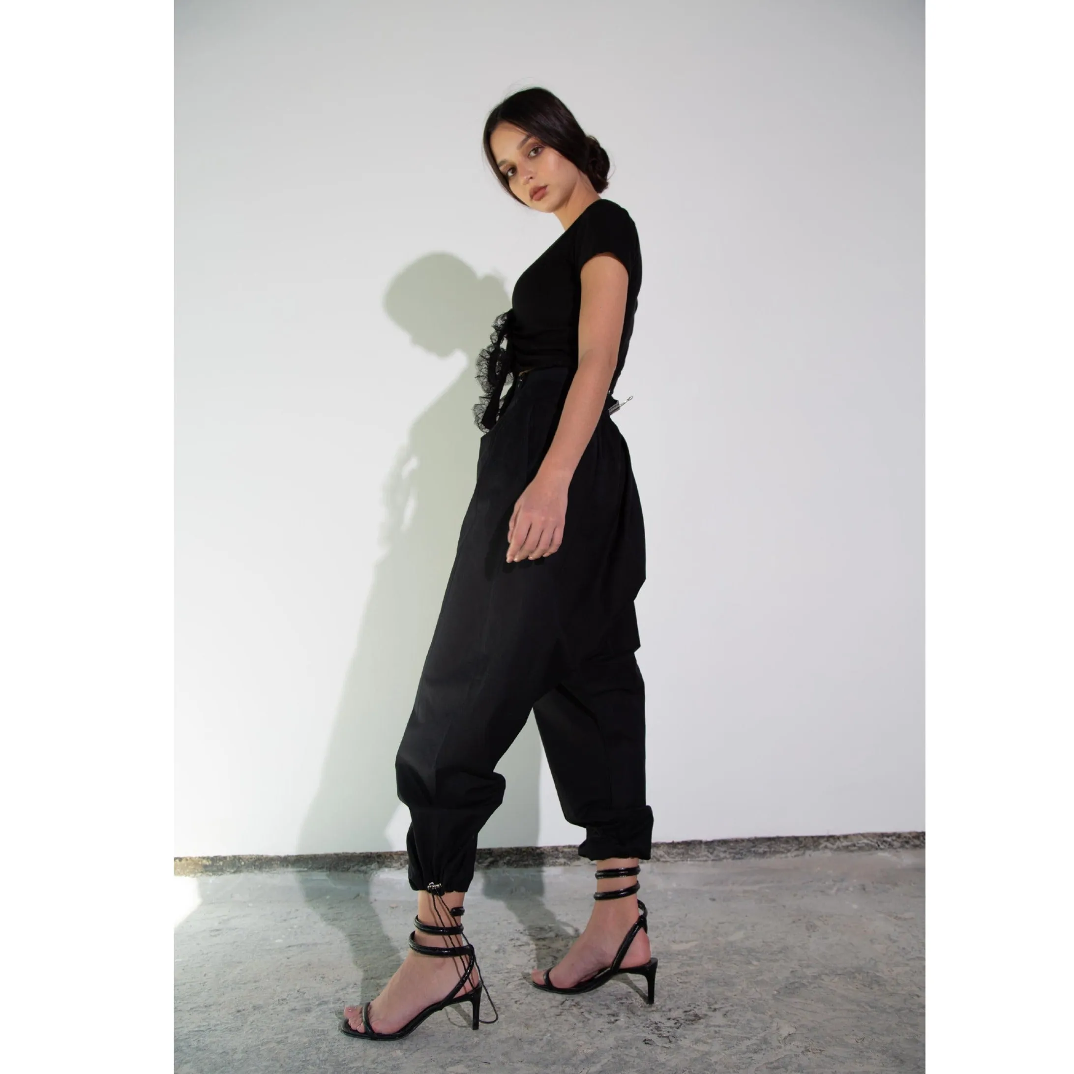 Black Cotton Drop Crotch Pants with Toggle