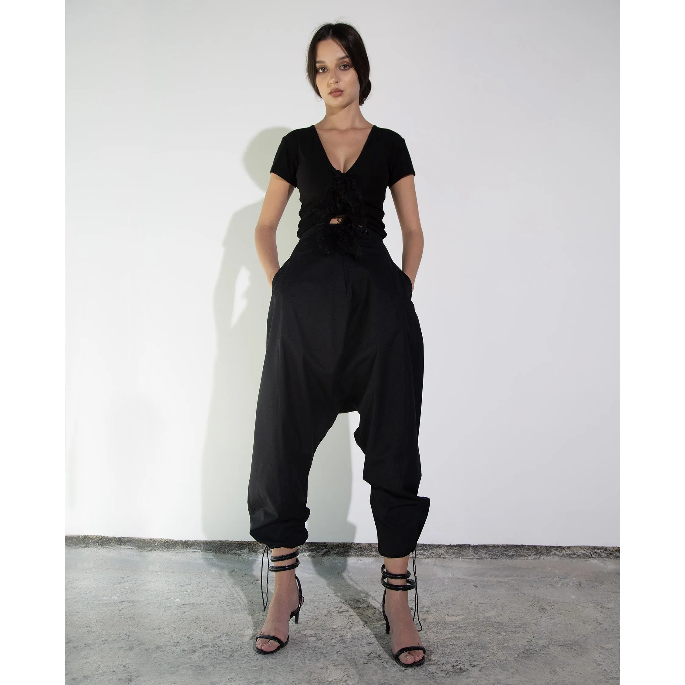 Black Cotton Drop Crotch Pants with Toggle