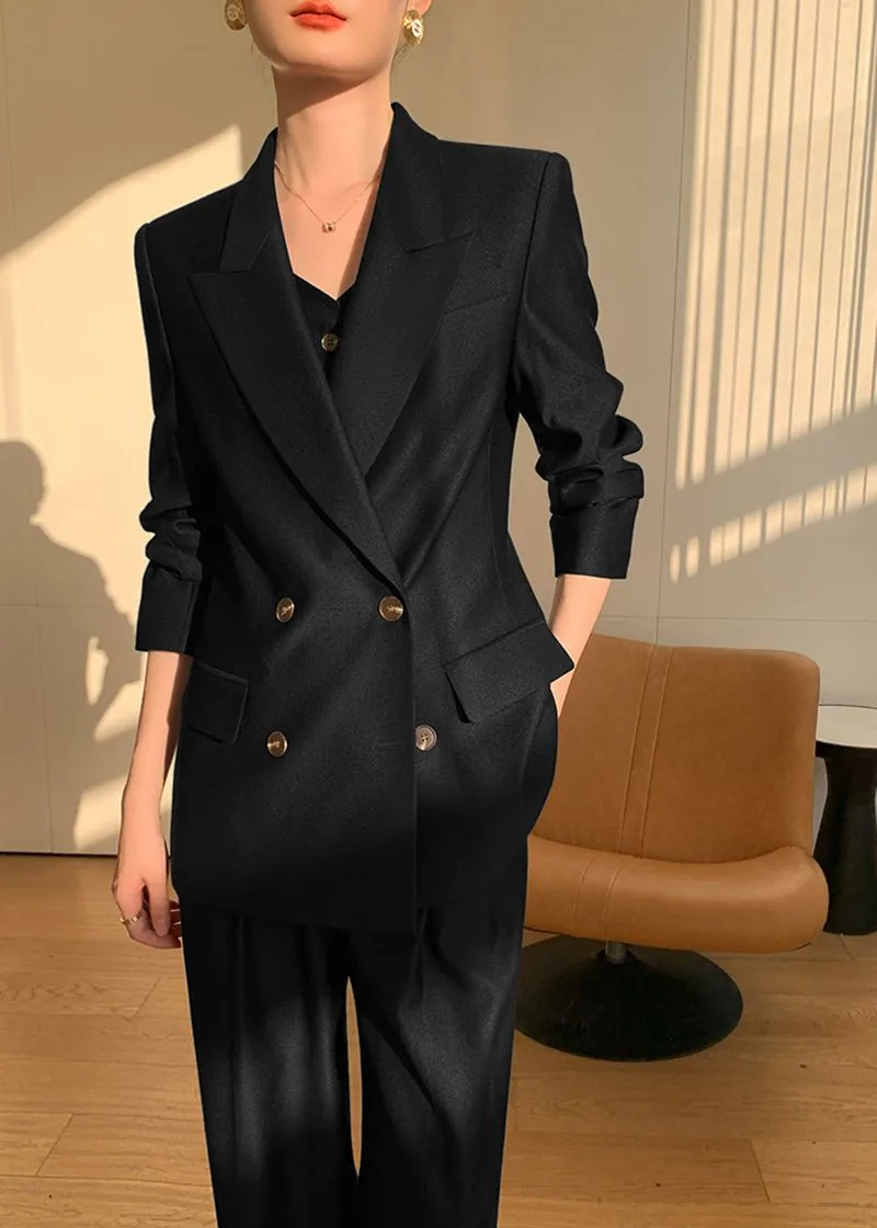 Black Double Breasted Blazer Vest Wide Pants Suit Three-Piece Set