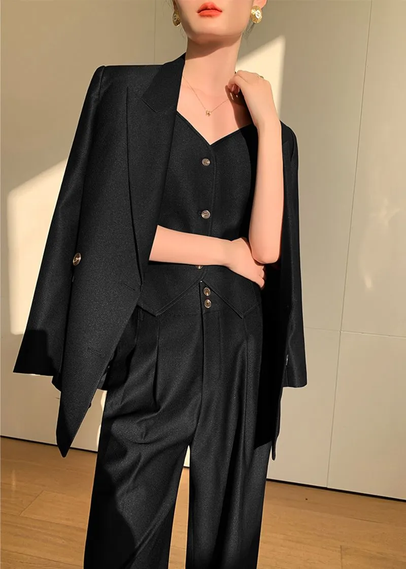 Black Double Breasted Blazer Vest Wide Pants Suit Three-Piece Set