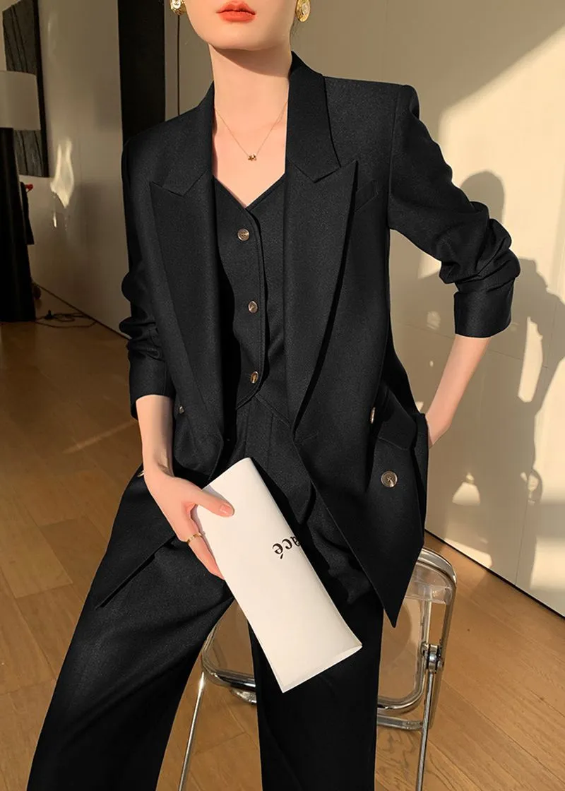 Black Double Breasted Blazer Vest Wide Pants Suit Three-Piece Set