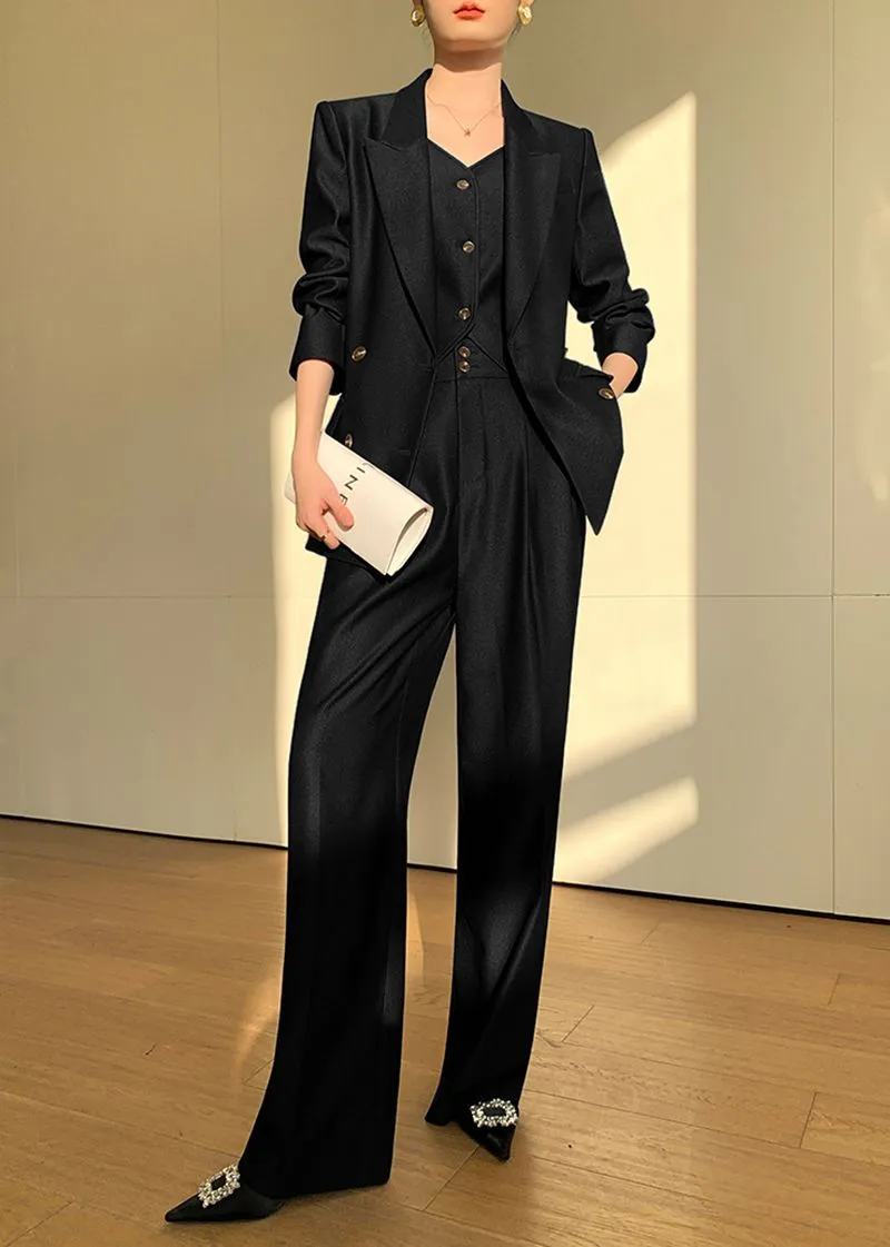 Black Double Breasted Blazer Vest Wide Pants Suit Three-Piece Set