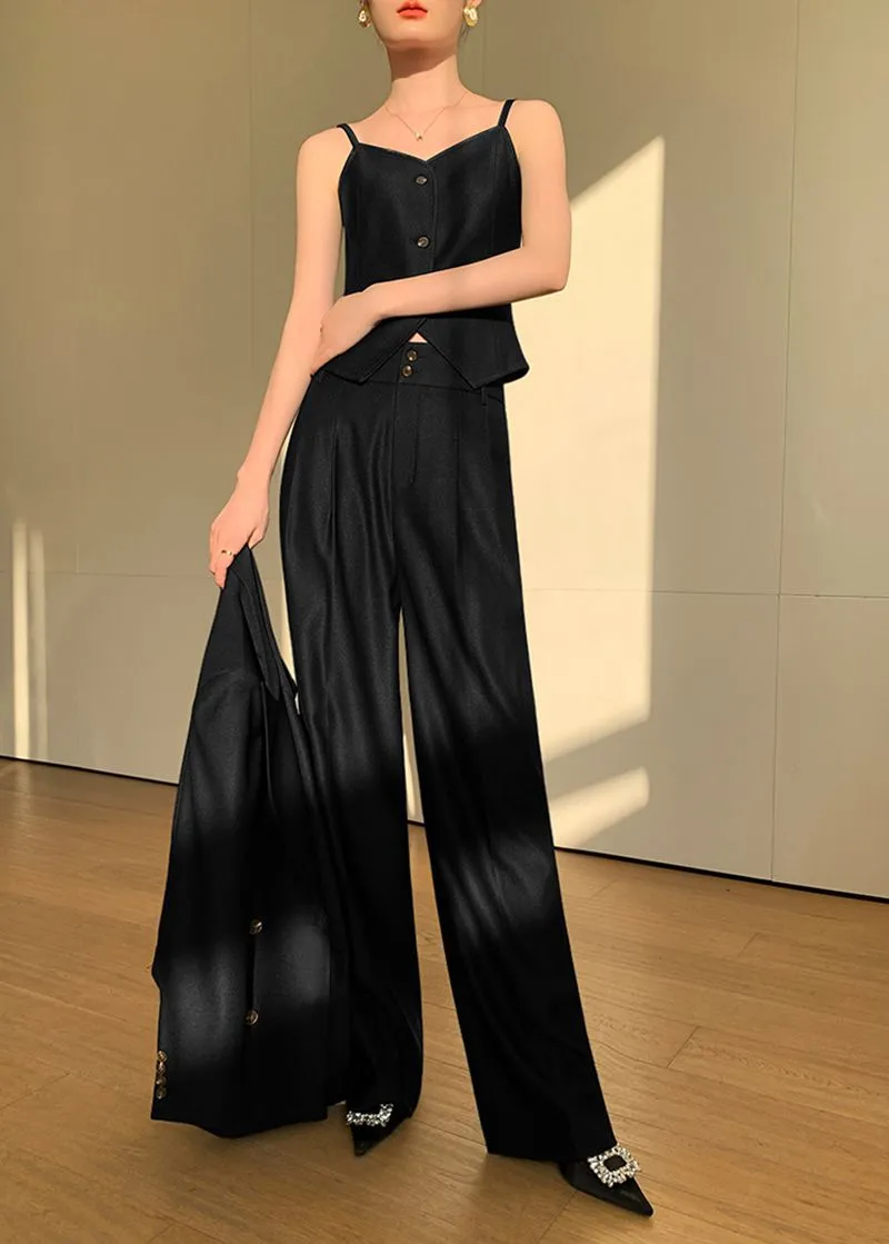 Black Double Breasted Blazer Vest Wide Pants Suit Three-Piece Set