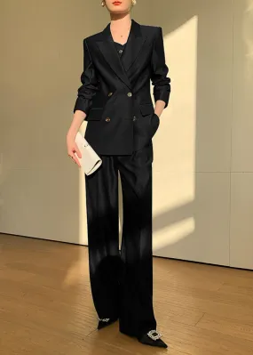 Black Double Breasted Blazer Vest Wide Pants Suit Three-Piece Set