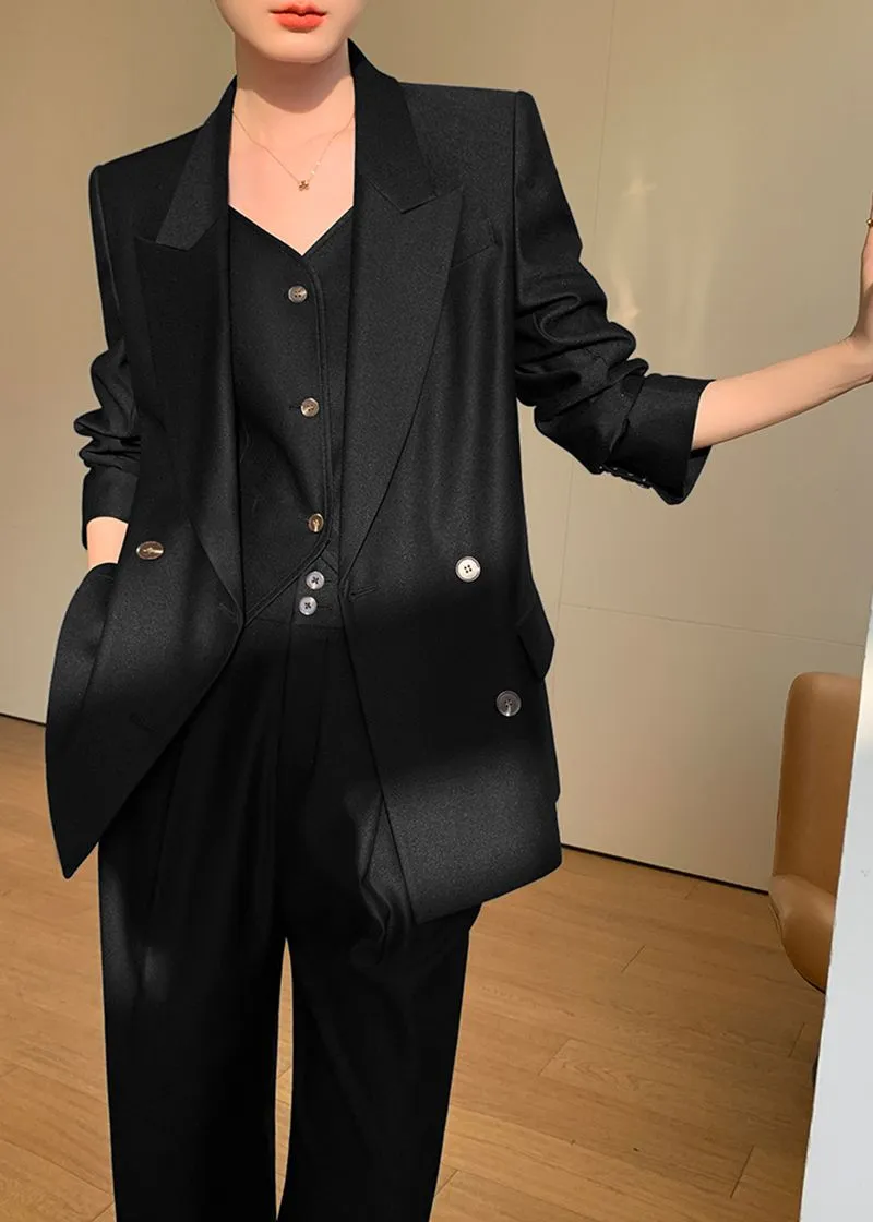 Black Double Breasted Blazer Vest Wide Pants Suit Three-Piece Set